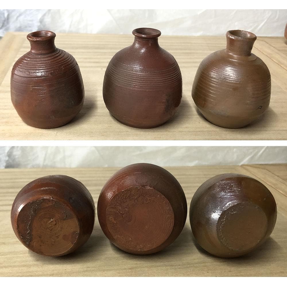 p008 備前焼 小徳利 17点 江戸～明治 古備前 ケース入り ミニ徳利