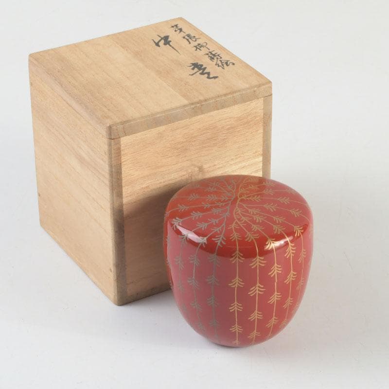 茶道具　京塗師　堀井胡春作　朱塗　柳蒔絵　中棗　共箱　V　9480
