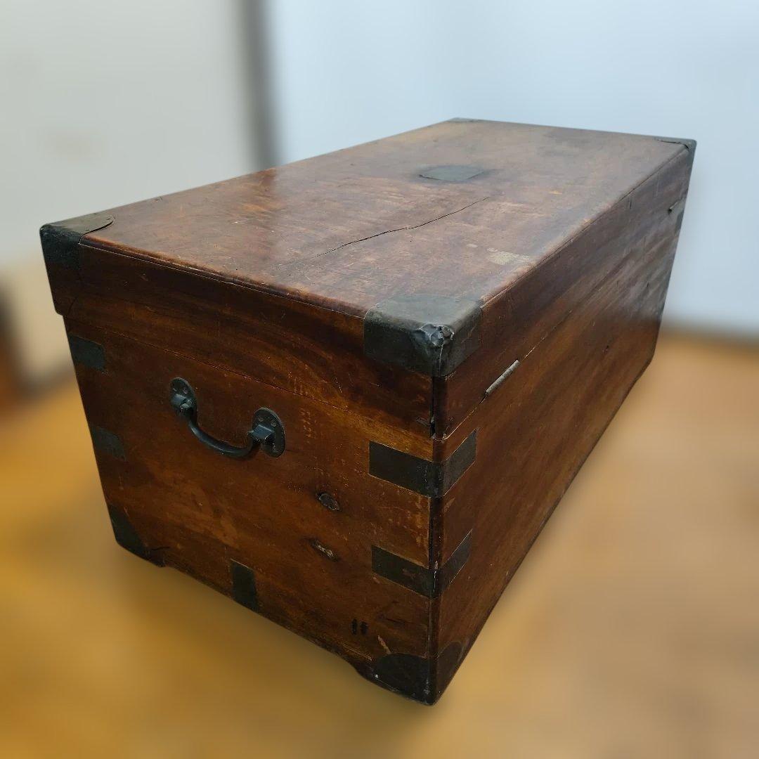 アンティーク 木製収納箱 大きめ 真鍮金具 飴色