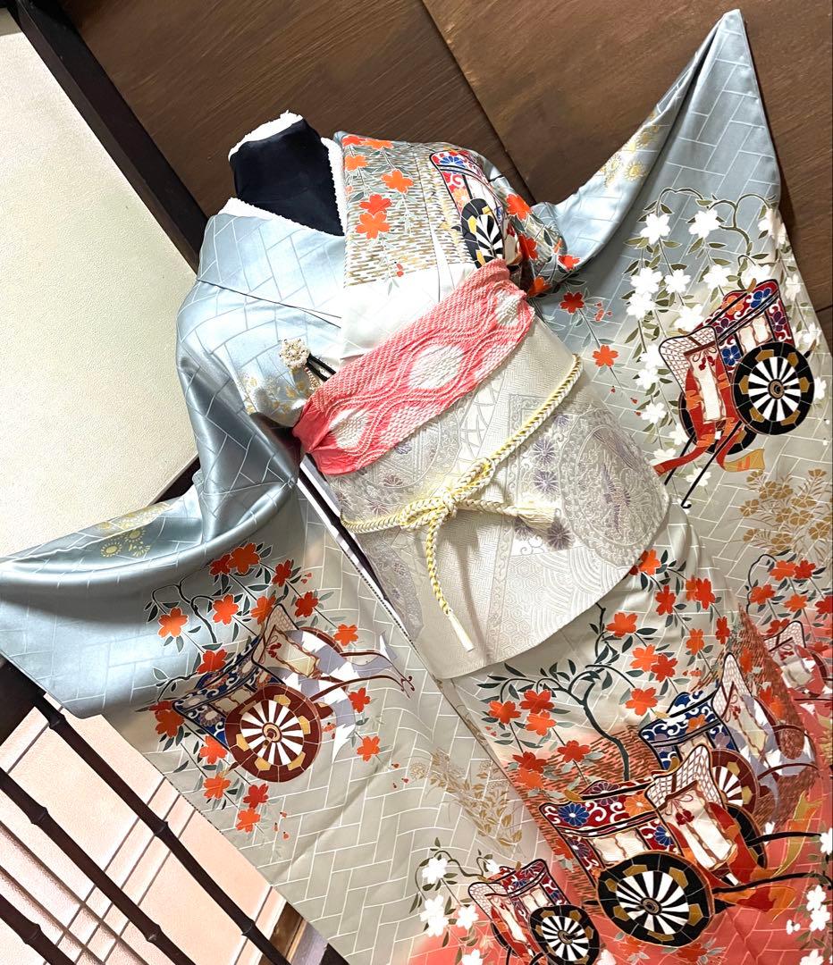 振袖フルセット6点特価　サイズM〜Ｌ　正絹　御所車　売り切り終了