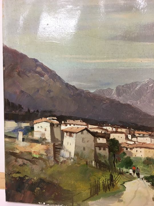 油絵肉筆画 イタリアの画家カンパリ 額縁付き銀色50センチ×43センチ