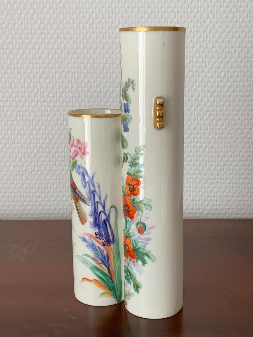 ✨特別価格✨ロイヤルウースター金彩耳付き花鳥文様3連管の花瓶　英国アンティーク