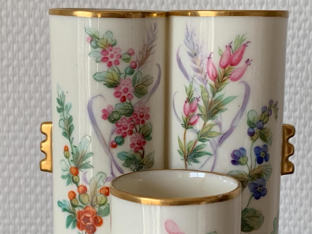✨特別価格✨ロイヤルウースター金彩耳付き花鳥文様3連管の花瓶　英国アンティーク