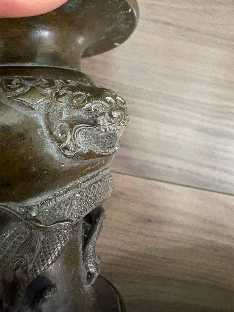 ▽ 錆物師 『鍋長』作江戸時代 龍雕刻 宣德銅製 古董