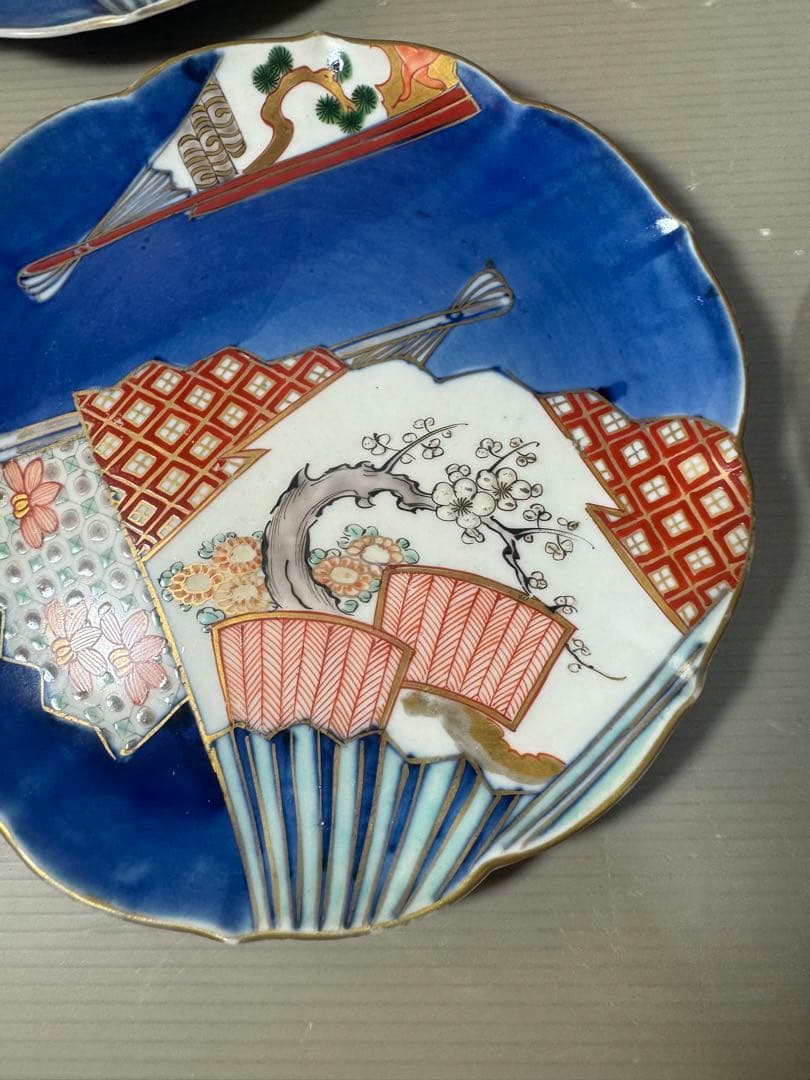 2644 中国骨董　大明萬暦年製銘　扇文　裏に龍文　皿　5客　時代物