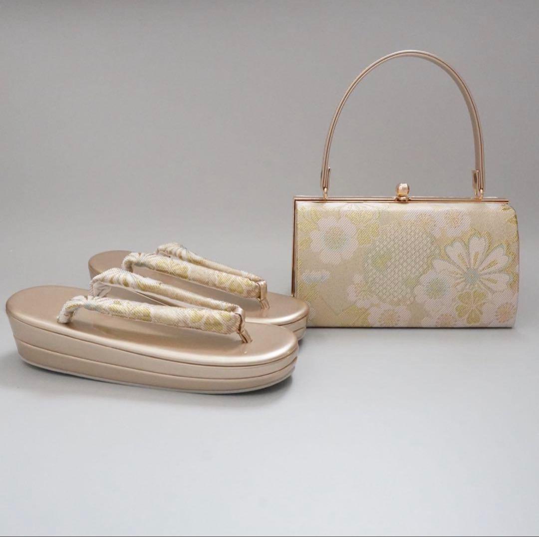 [ゴールド]織生地草履バッグセット　Lサイズ　成人式　卒業式　佐賀錦