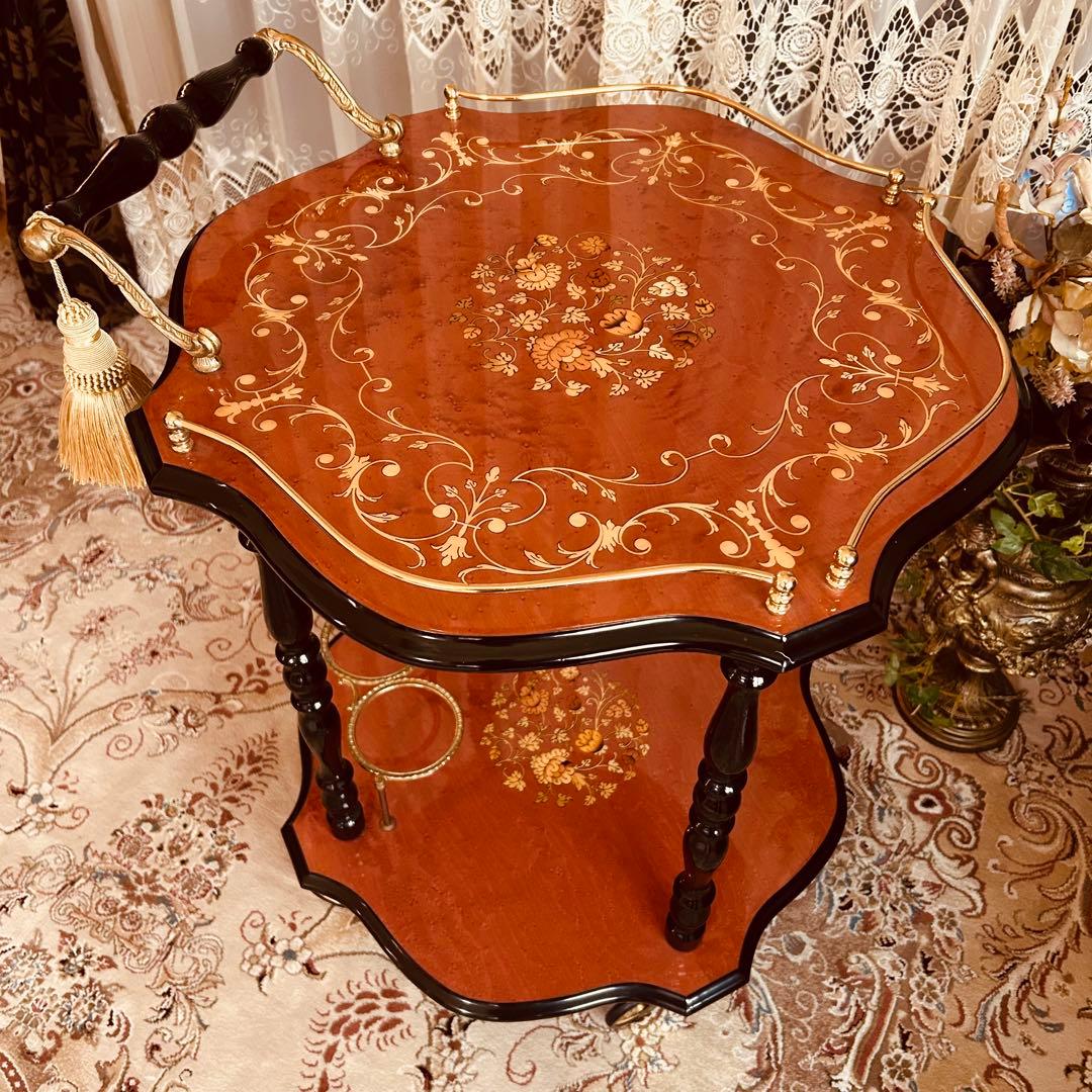 イタリア製象嵌キッチンワゴン　タッセル1本　アンティーク輸入家具　サイドテーブル