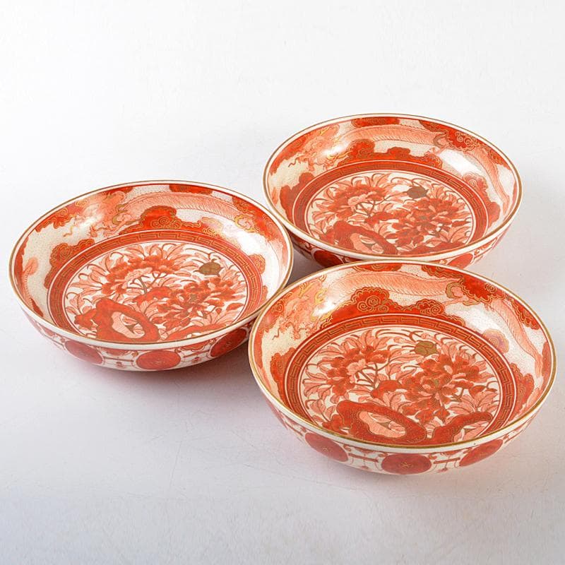 eyeknow74 　八郎手赤絵金彩　雲龍牡丹文　皿　三客　D　R6039