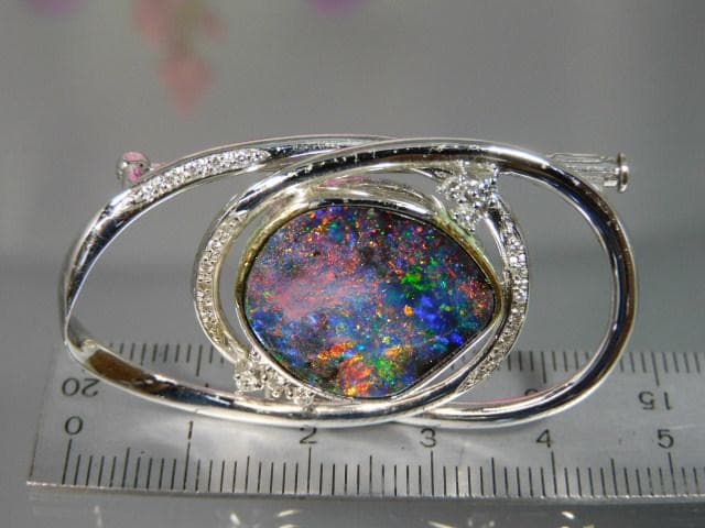 天然ボルダーオパール ダイヤ入 K18WG K14WGブローチ 帯留 ユーズド品