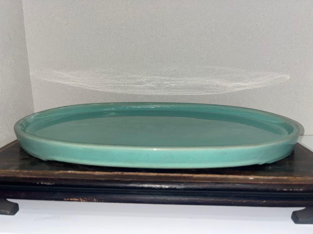 中国宜興　緑釉窯変結晶切立切足楕円水盤　 発色抜群 落款　盆栽鉢