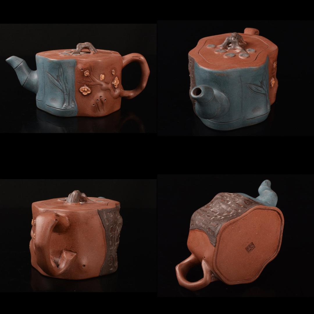 中国　紫砂　朱泥　松竹梅文　急須　茶壷　C　R5449E