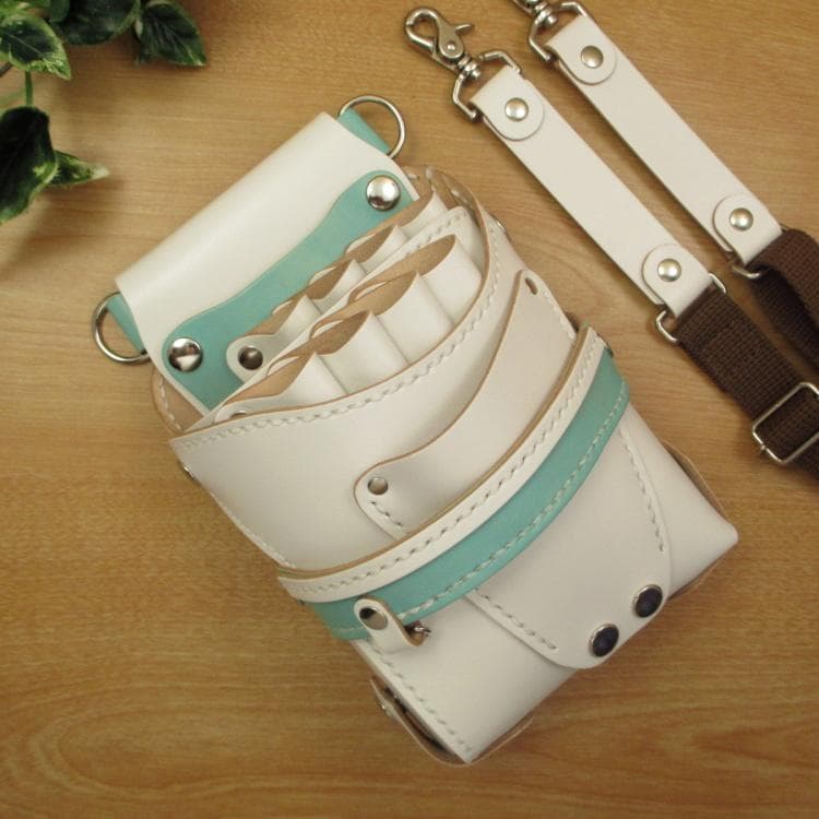 【トリマー向き】 ８丁　本革シザーケース　ホワイト＆空色　TSC-13/CWA