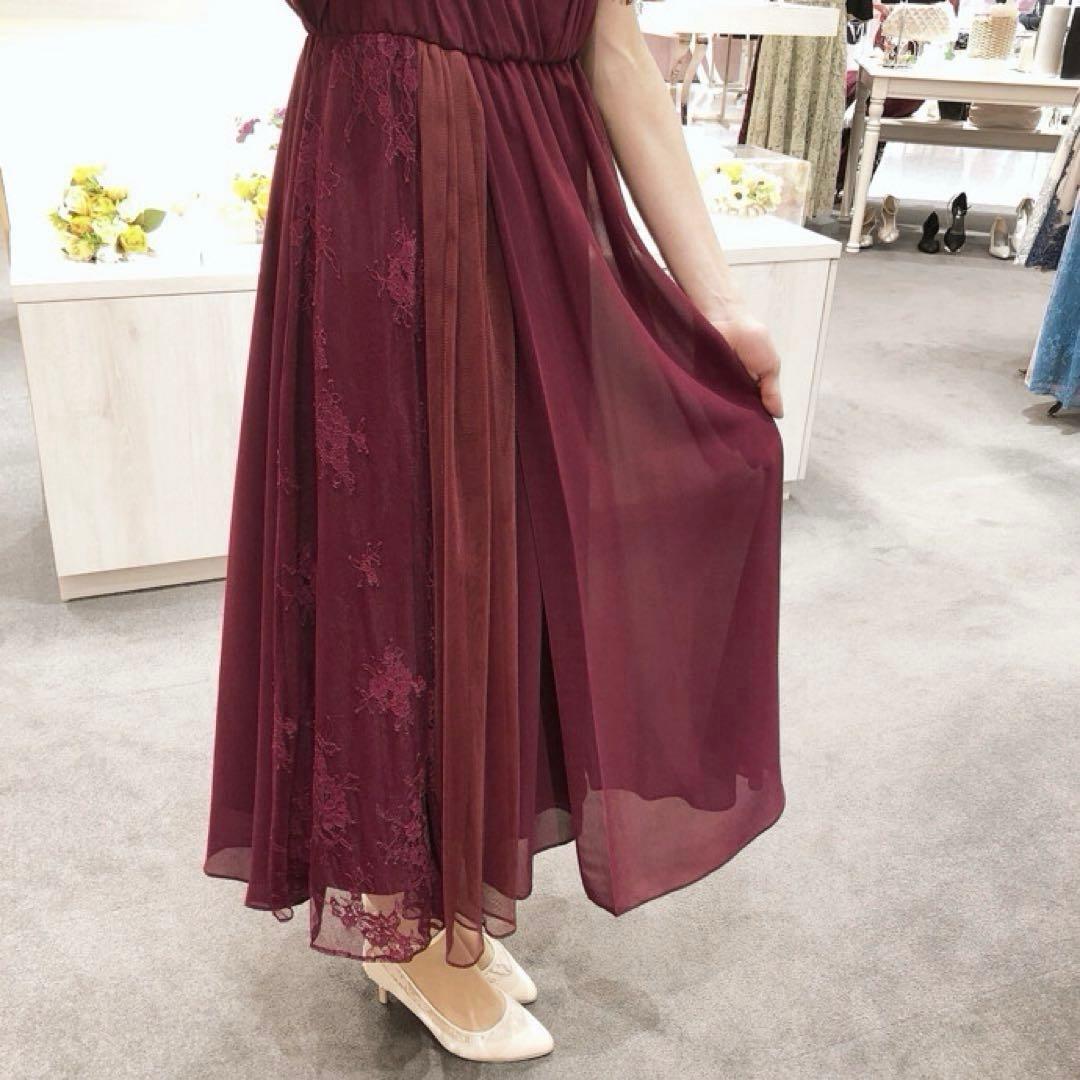 【アサクラ】ワインレッド レース切替 L お呼ばれドレス