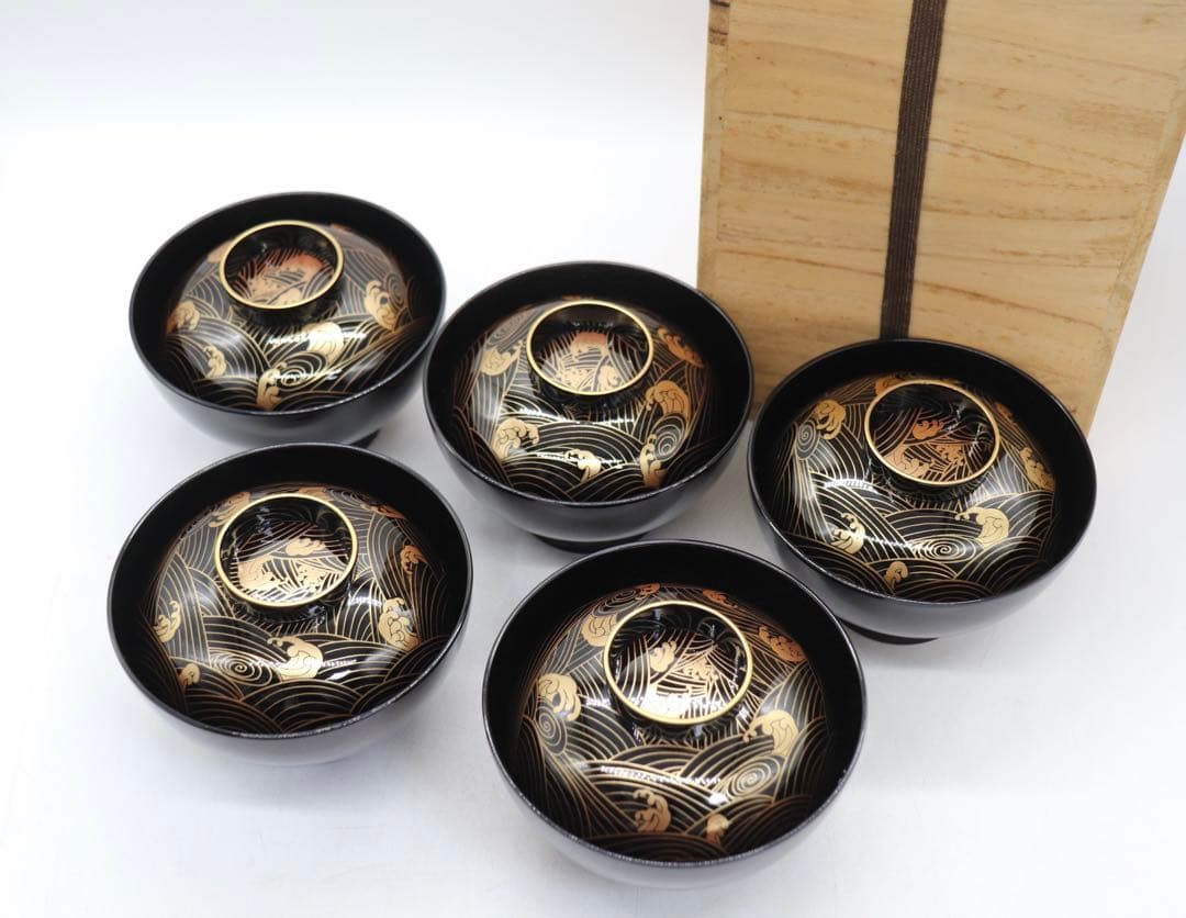 会津塗　蒔絵　波紋お椀5点　共箱　送料込み251210