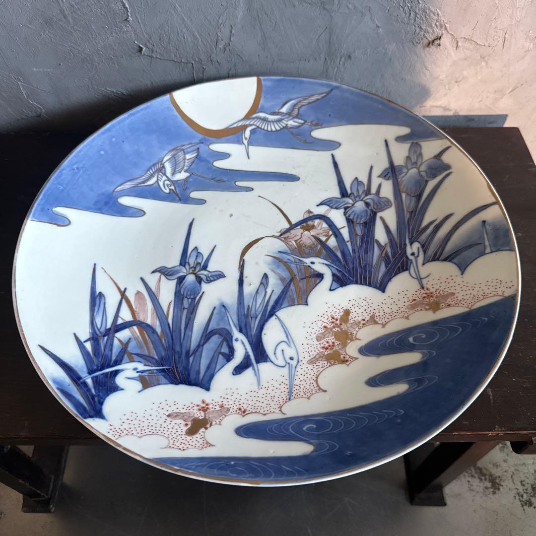 お値下げ❣️ヴィンテージ　大皿　青　　　白い鶴と花の陶器皿