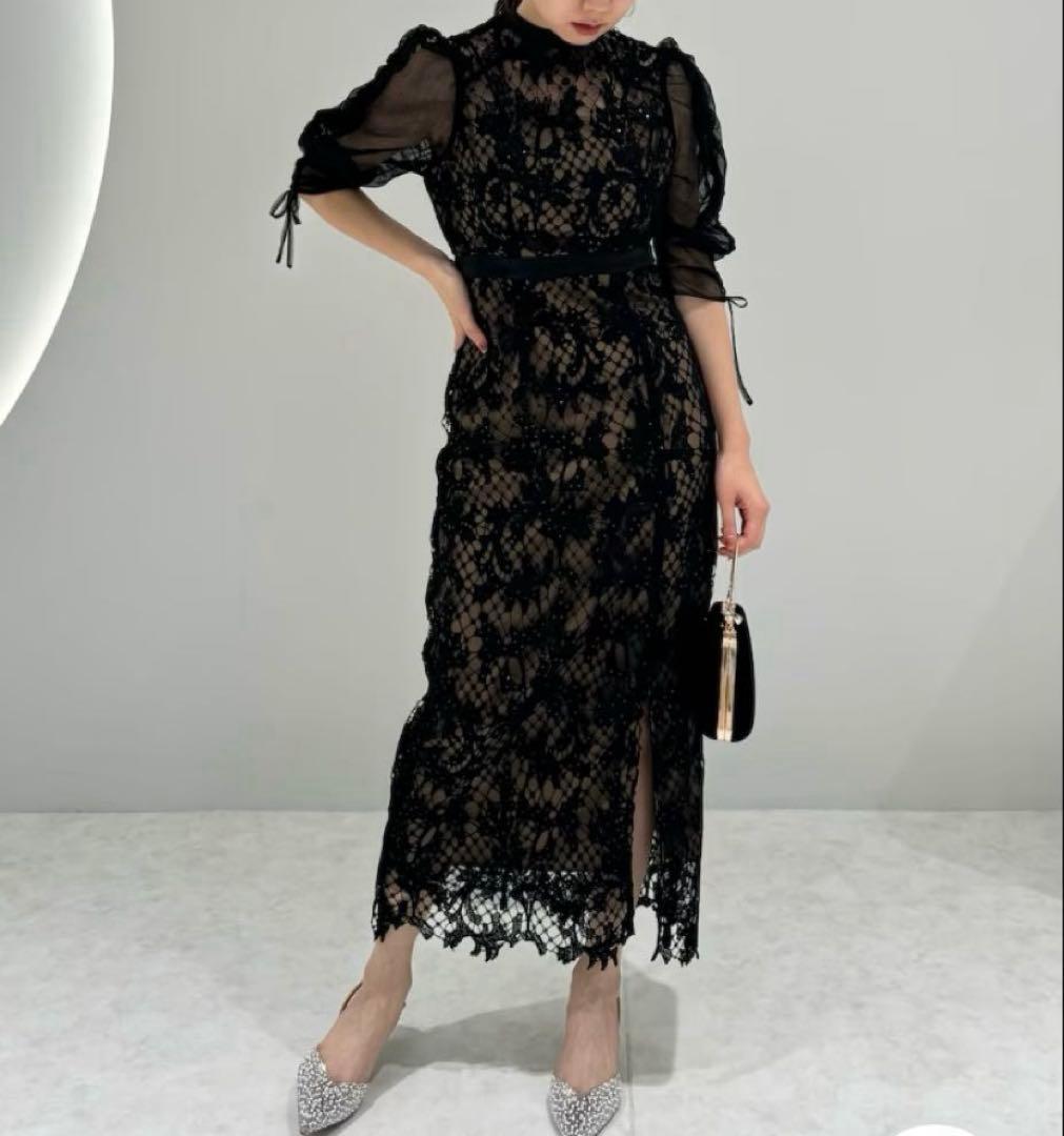 完売品　人気　レジャ　シアーレースパフスリーブスリットIラインドレス　S