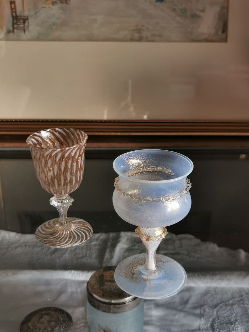 アンティーク ヴェネチアンガラス ムラーノグラス金彩ペア✧オパールセント＆レース