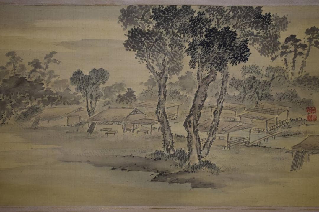 真作/佐伯岸岱/神社/茶店山水図/布袋屋掛軸HD-752