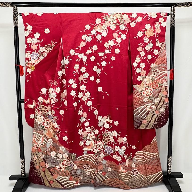 ゆりのはな　振袖　京友禅金彩加工　流水に蝶/さくら模様　赤色系　正絹　F306