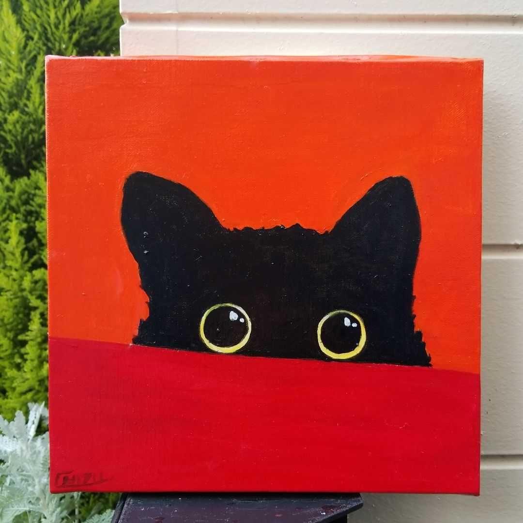 キャンバス油絵　よっこ  　何かを見ている猫