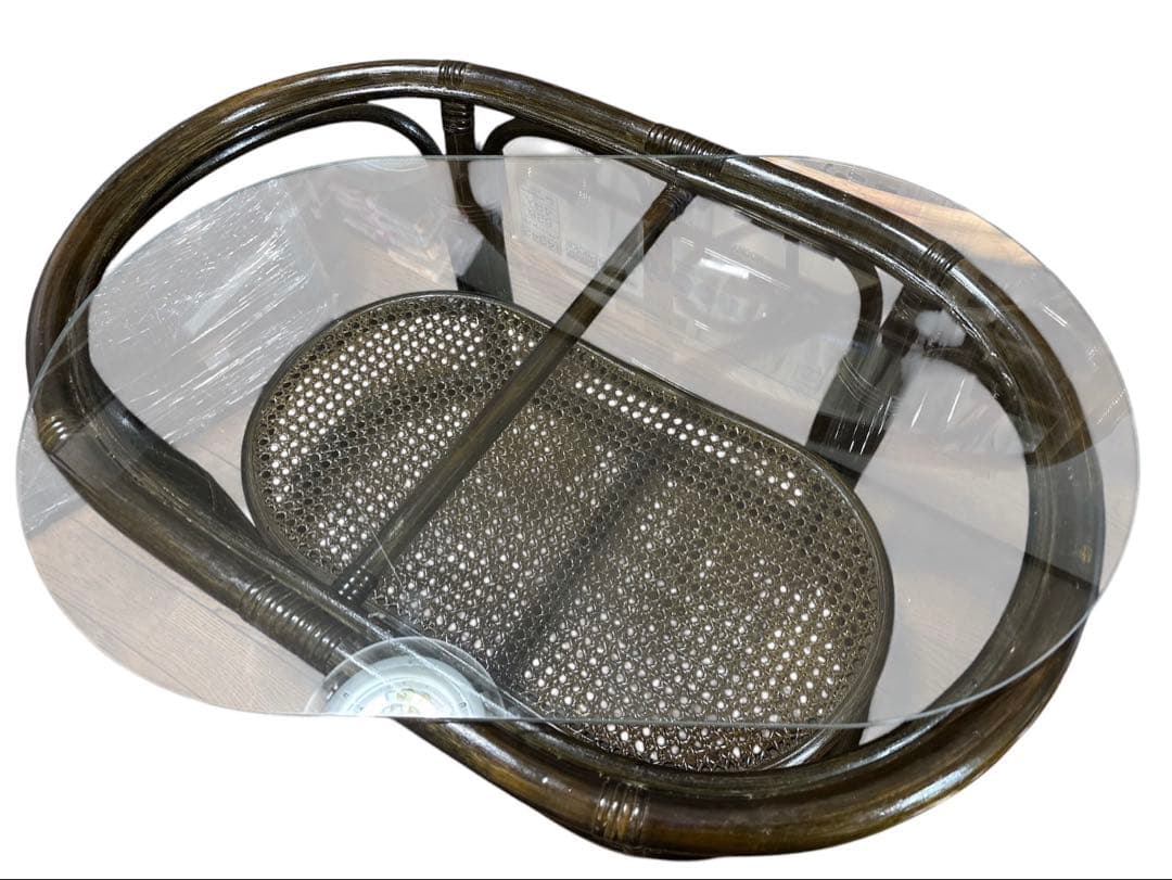 【美品】ラタン 楕円形センターテーブル サイドテーブル 丸型 ガラステーブル　藤