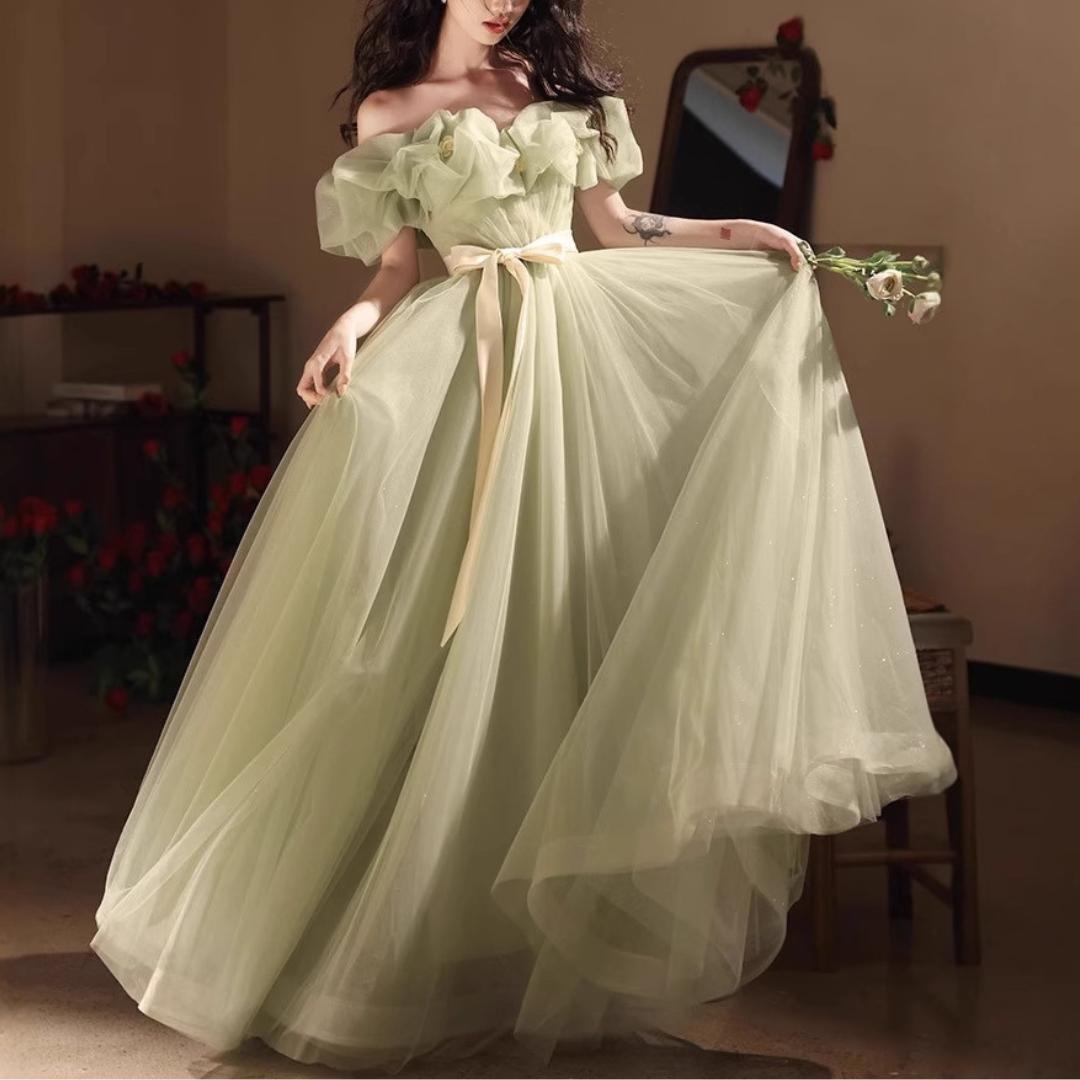 グリーン　誕生日　ハイウェストドレス　パーティー　お呼ばれ　ウェディング　カラー