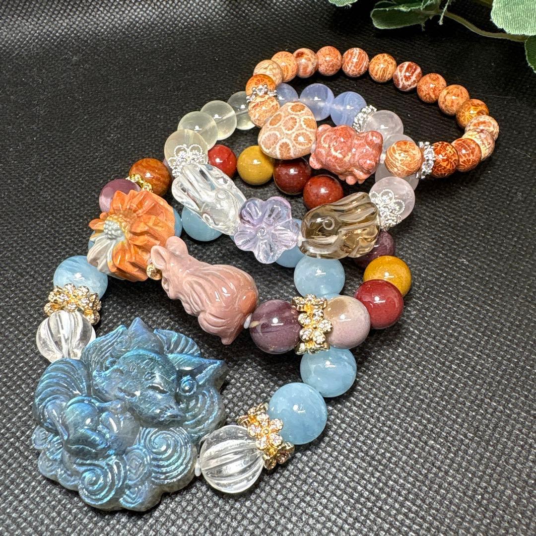 ＊いちごウサギ様＊【良質】ラブラドライト　九尾狐　アクアマリン　ブレスレット