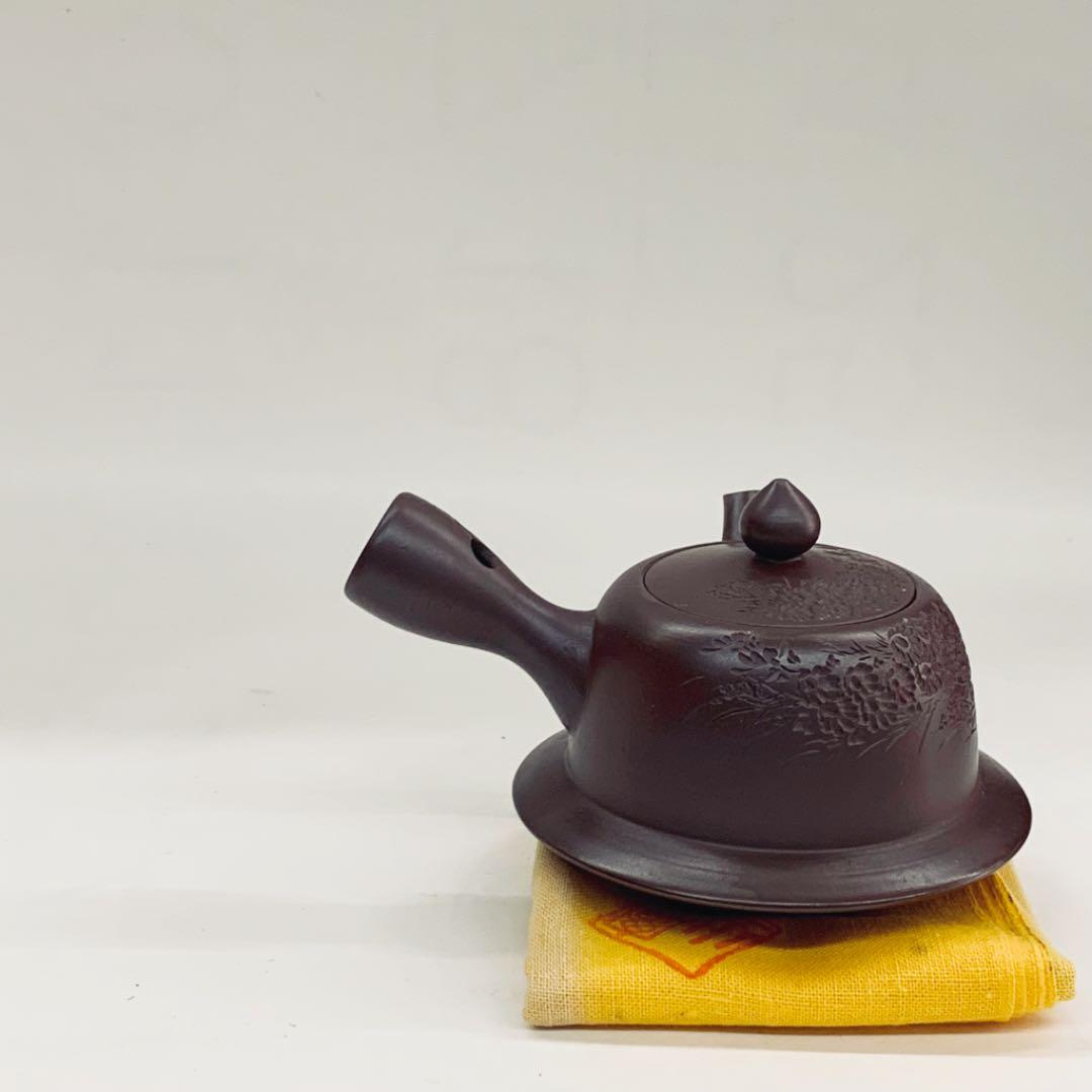 【茶注35    万古焼　茶釜　急須】伊藤実山　紫光刻