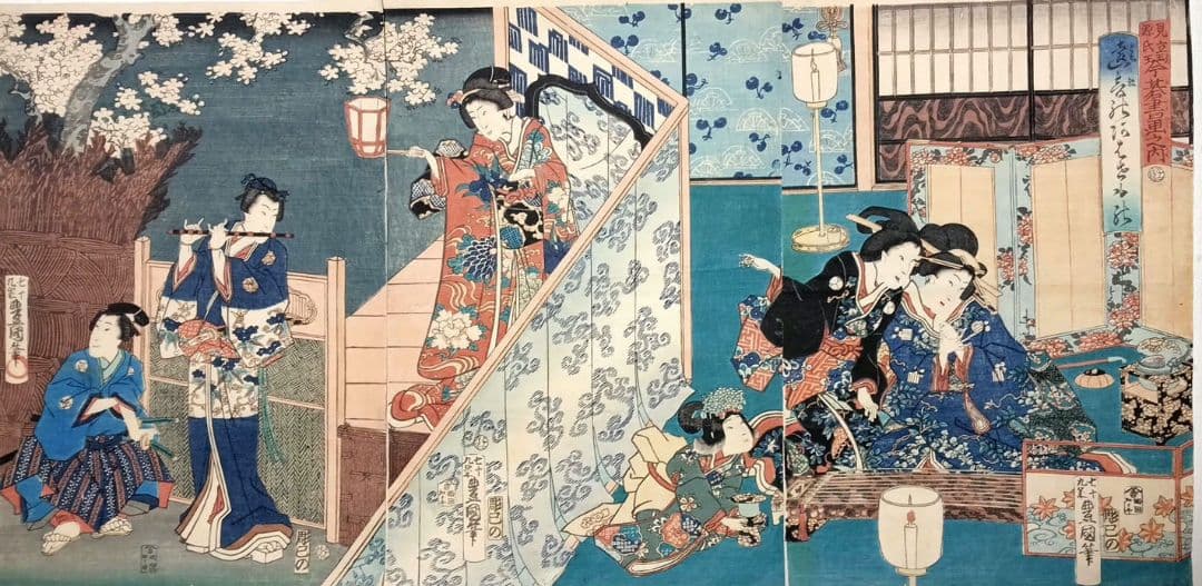 浮世絵版画、見立源氏琴碁書画之内遠音のあはせもの三枚綴り、三代豊国画元治元年出版