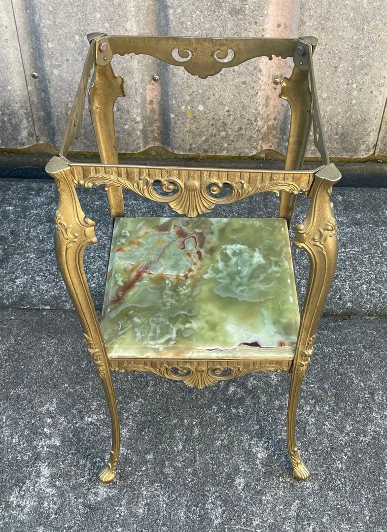 イタリア製/飾り棚/花台/大理石/グリーンオニキス/ロココ調/猫脚/2段