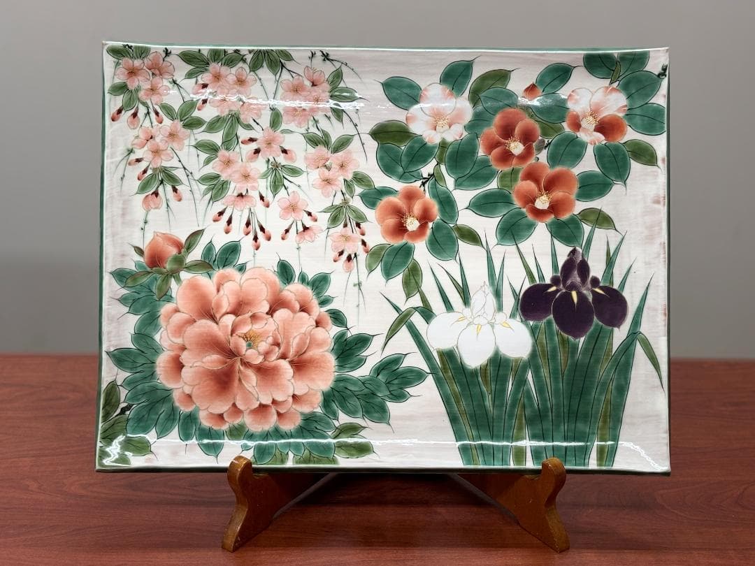 値下【一点物】京焼 清水焼 陶あん 色絵付け 飾り皿 約40cm×54cm 骨董