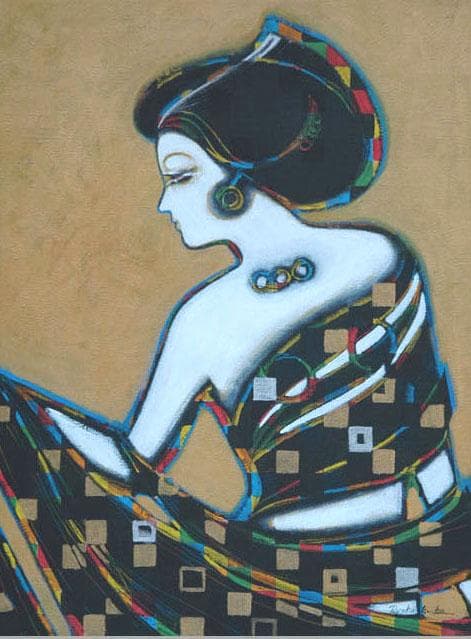 油絵 菅家令子 絵 絵画インテリア額付(青緑＋金色の枠)uF6-010311女性