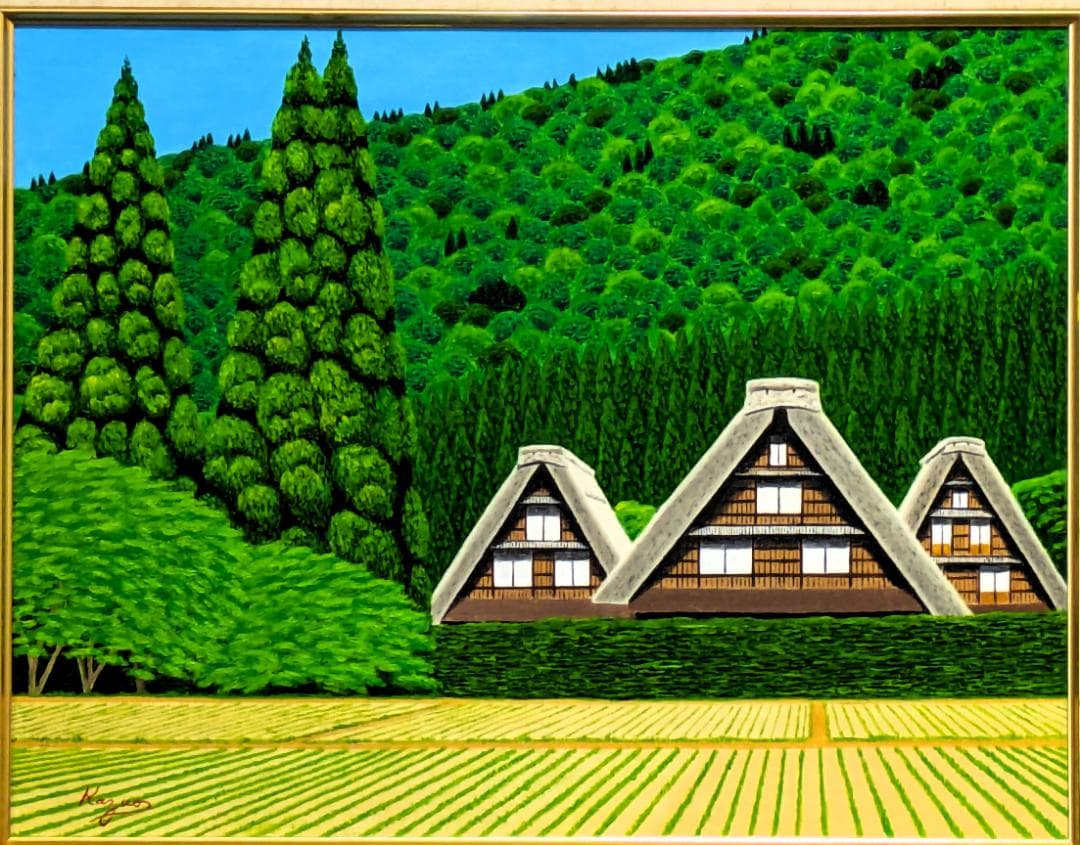 ★春の白川郷・肉筆油彩画・F6キャンバス