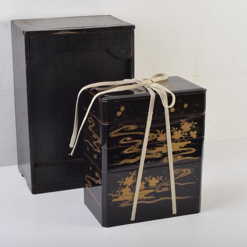 茶道具　黒漆　花草蒔絵　五段重箱　共箱　C　9121