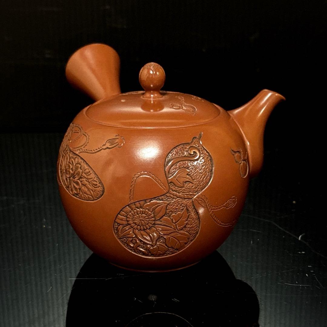 極上 常滑焼 名人 山田宝生 作 細密彫刻瓢図 急須 茶道具