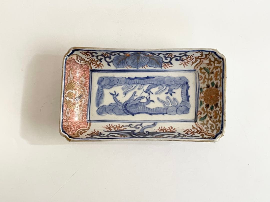 骨董　アンティーク　古伊万里　色絵　金襴手　龍図　鮎皿　長方皿