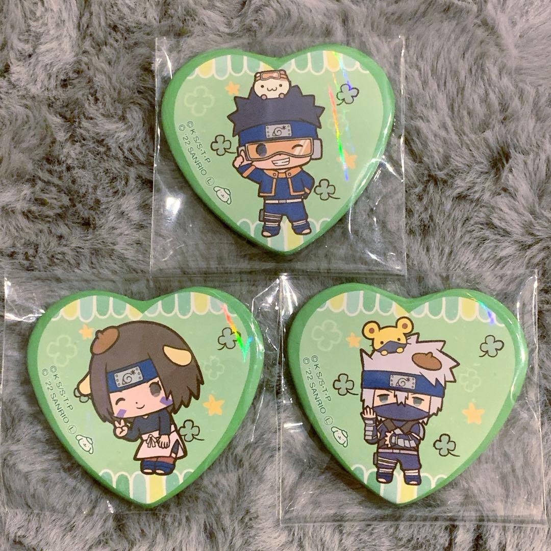 NARUTO サンリオ ホログラム ハート型缶バッジ オビト カカシ リン