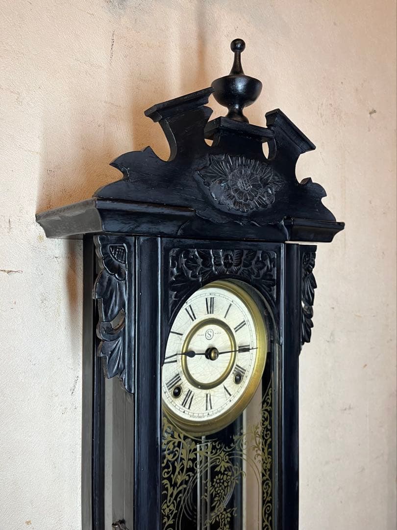 精工舎　黒塗スリゲル　柱時計　古時計　振り子　ゼンマイ　ボンボン　ユンハンス