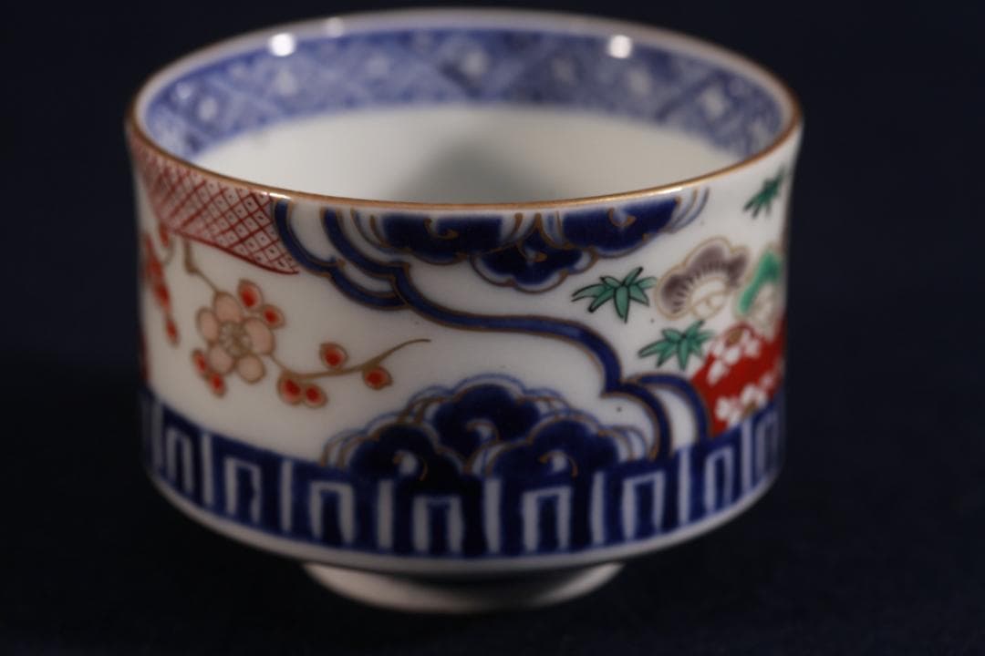 339　古伊万里色絵松竹梅図半筒茶碗　無疵美品　幕末