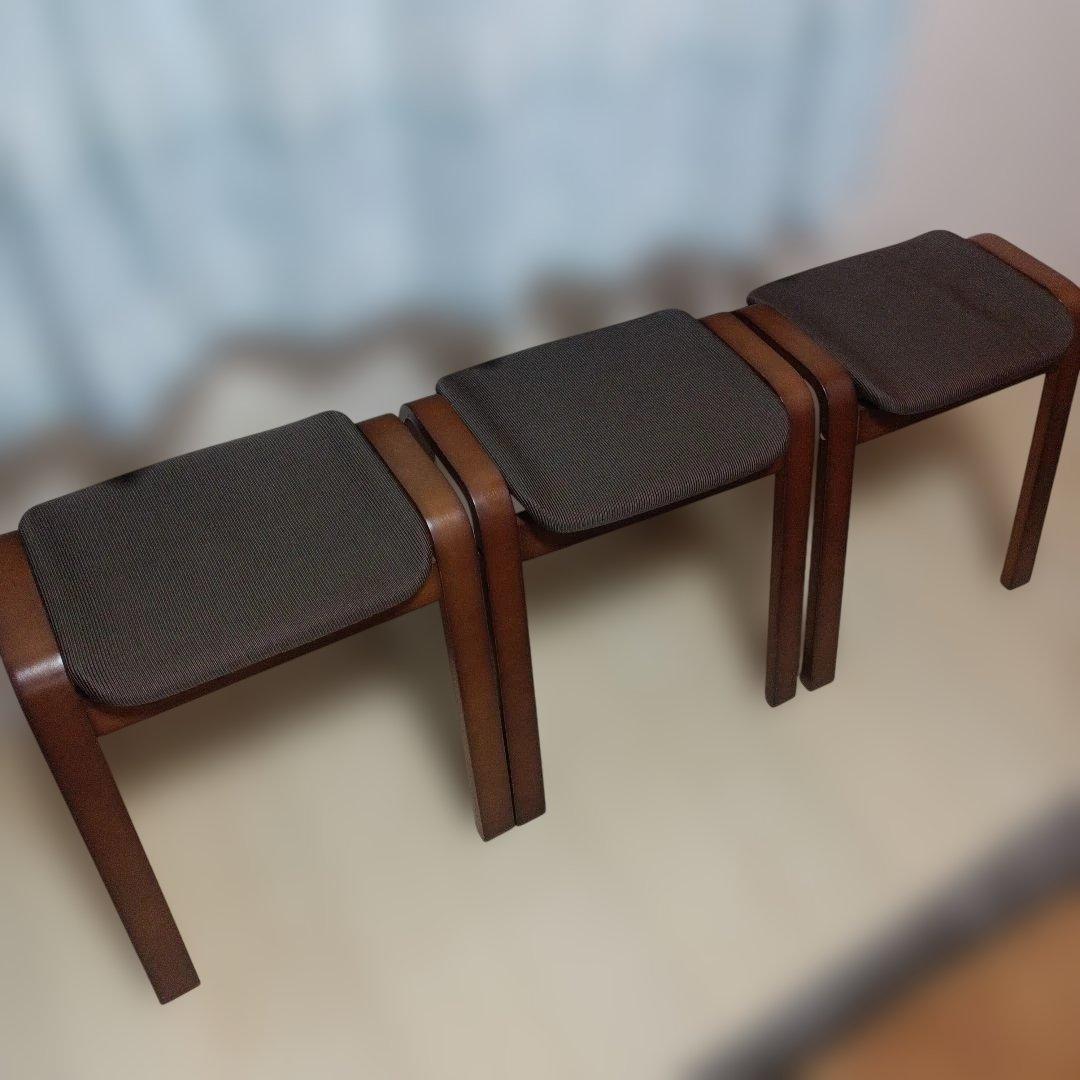 ニトリ　NITORI 木製スツール　リューク　布張り　ブラウン　３脚セット