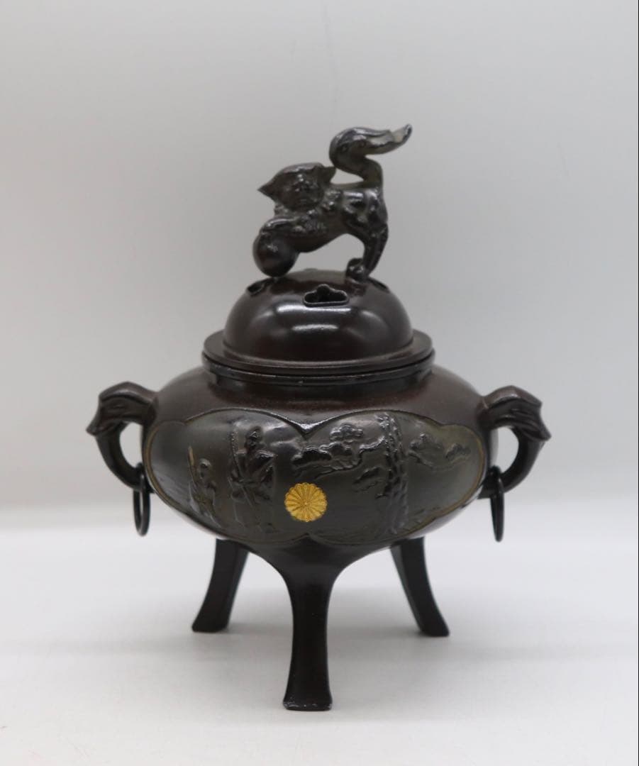 銅製　獅子摘み香炉　共箱　茶道具　送料込み250926