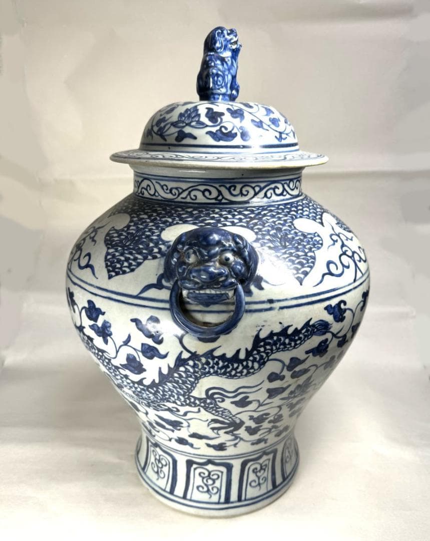 古染付 龍紋獅耳大壷 伝世品焼物 虫食い 青花 呉須 ウブ品 WWTT137