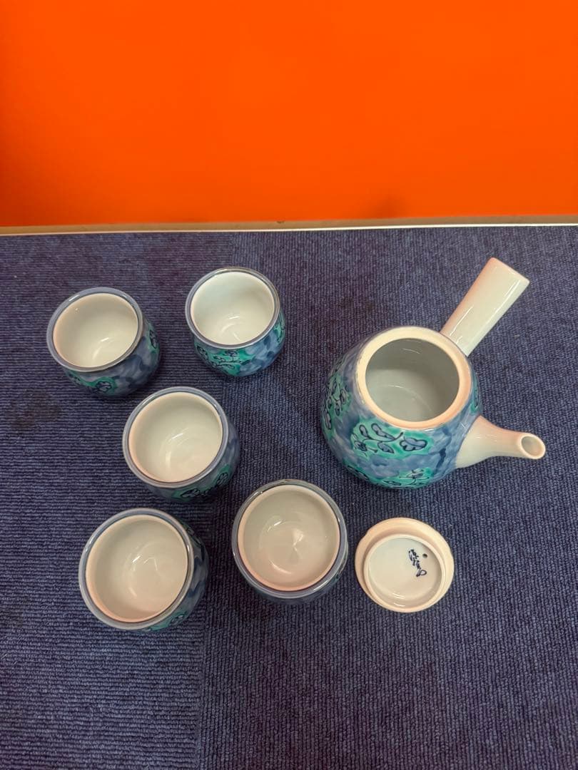 1716  源右衛門窯　青彩菊絵　茶器セット　急須1客　湯呑5客　未使用