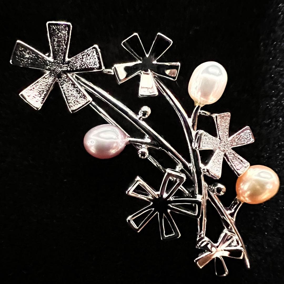 田崎真珠/3色パールシルバー刻印ブローチ