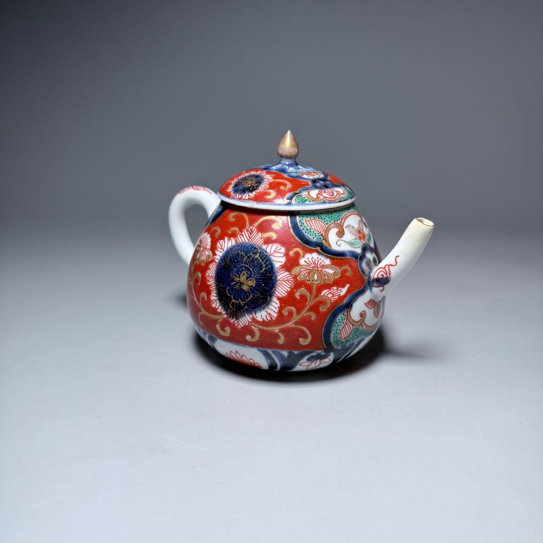 古伊万里　赤絵草花文様急須　アンティーク　ティーポット　桐箱付　江戸後期　大聖寺