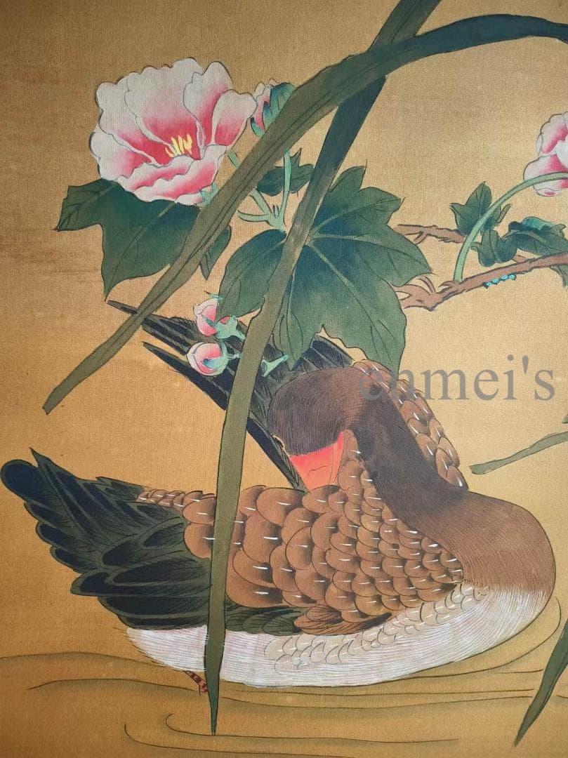 中国古美術 清代 邊寿民作款 水鳥と花図 絹本 四尺 手描き 掛け軸 書 中堂画