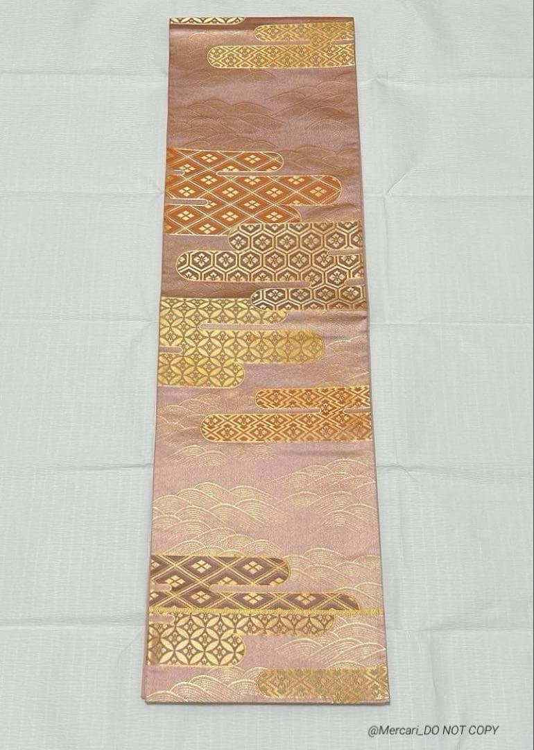 梅垣織物　袋帯　有職霞文　西陣織　正絹　金糸　ピンク