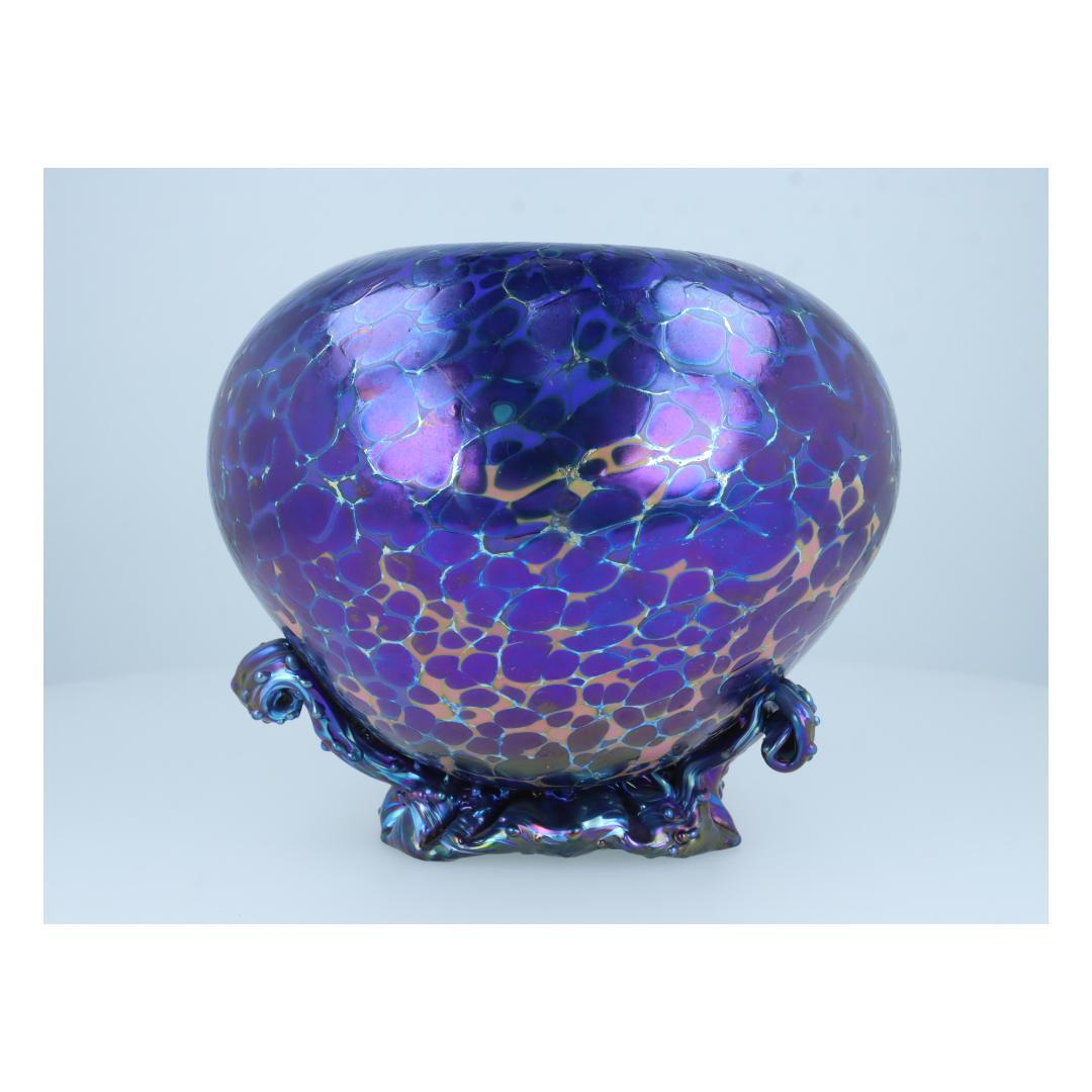 泡模様の紫色陶器 アート花瓶 オーロラ彩・細胞模様・彫刻的造形