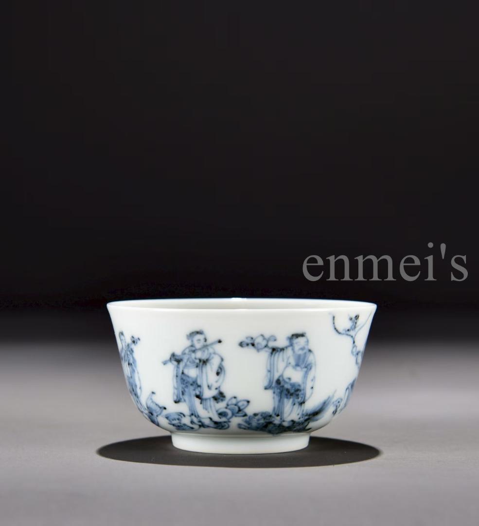 中国古美術 清康熙 青花八仙逍遥図碗 青花磁 唐物 骨董品 時代物 茶碗 青白磁
