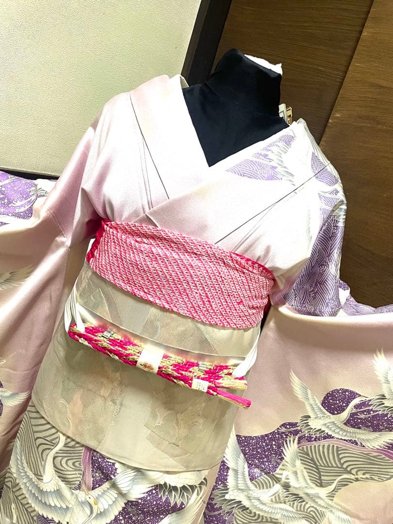 振袖フルセット6点サイズM〜Ｌ駒刺繍　飛鶴文　銀彩　正絹